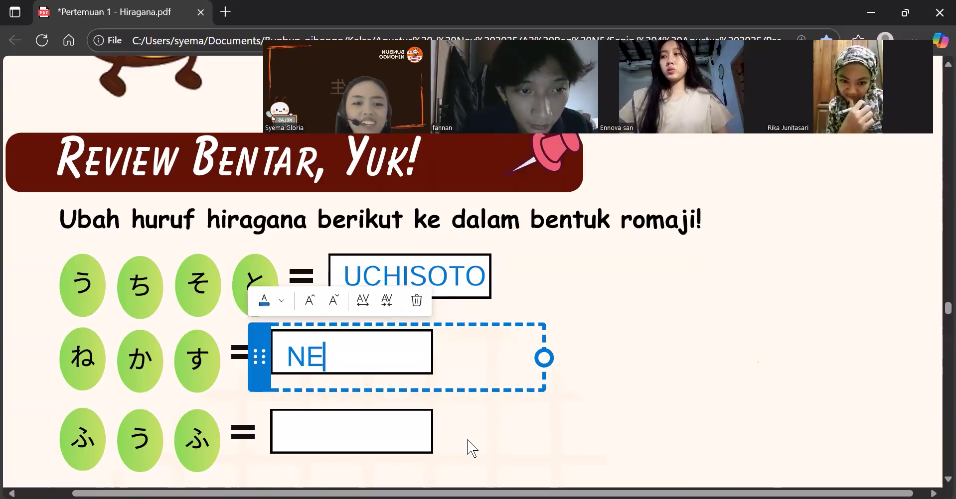 Suasana kelas Bunbun - Reguler N5 Aug 25